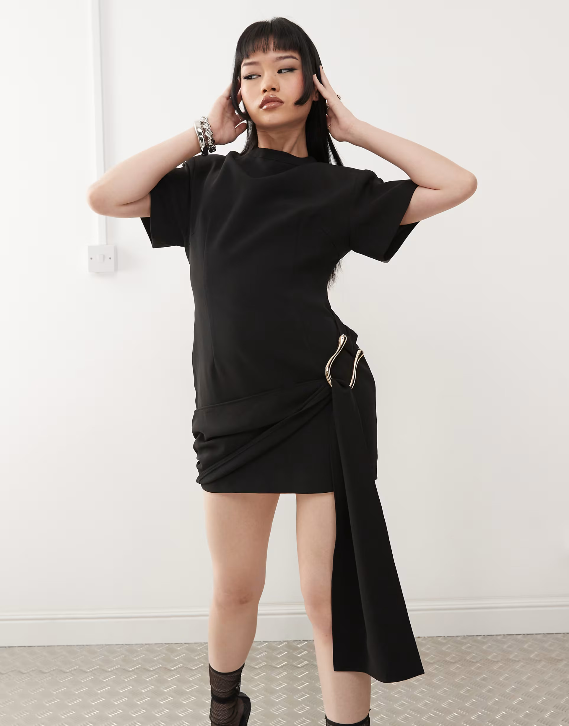 Lioness martini structured high neck draped waist metal hardware detail mini dress in white | ASOS (Global)