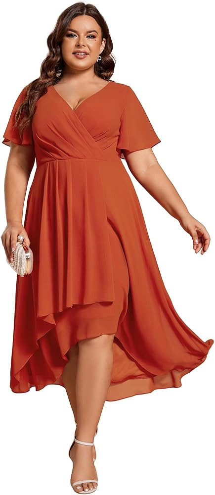 Ever-Pretty Plus Women's Formal Wedding Guest Dress for Curvy Women Chiffon A-Line Plus Size Cock... | Amazon (US)