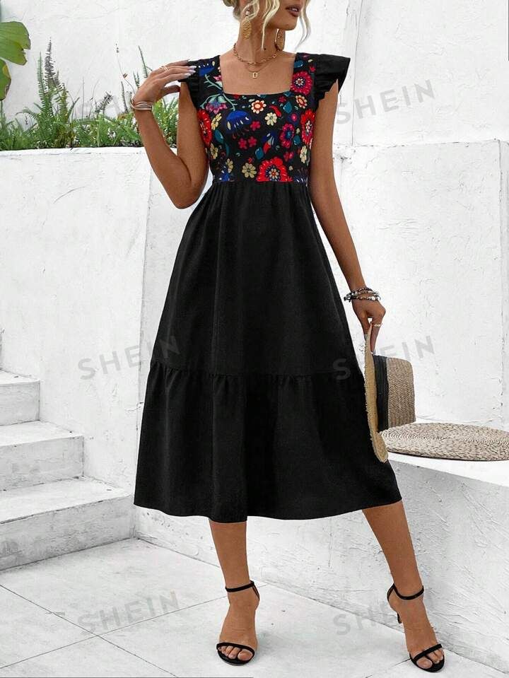 SHEIN VCAY Women'S Floral Print Square Neckline Dress | SHEIN