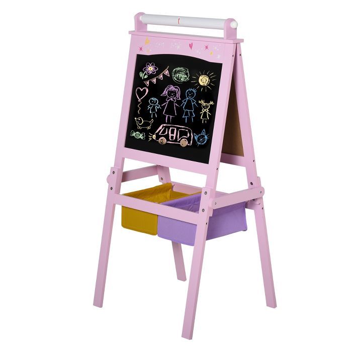 Qaba 3 In 1 Kids Wooden Art Easel with Paper Roll Double-Sided Chalkboard & Whiteboard with Stora... | Target