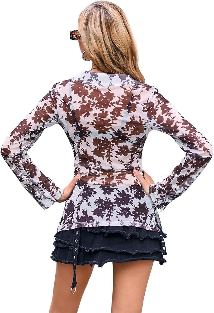 Women's Button Down Floral Printed Shirts Going Out Long Sleeve Sheer Y2k Lace Mesh Tops Blouse C... | Amazon (US)
