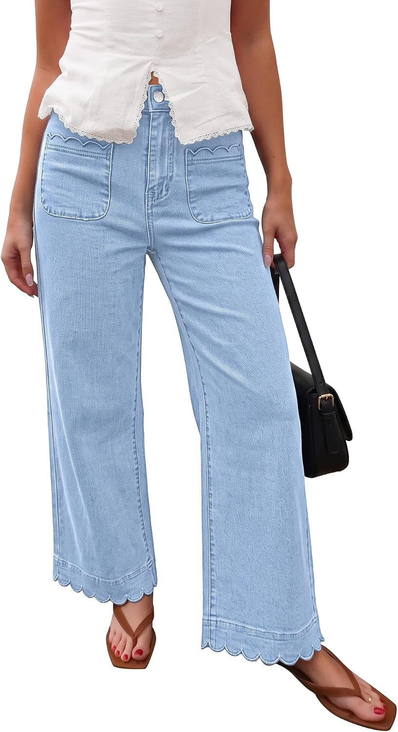 GRAPENT Jeans for Women Scalloped Straight Leg Ankle Stretchy Denim Pants | Amazon (US)