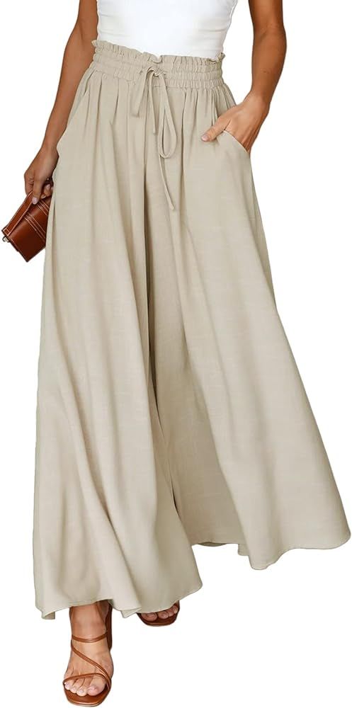 EVALESS Womens Casual Wide Leg Pants Flowy Elastic Drawstring Waist Palazzo Pants with Pockets | Amazon (US)