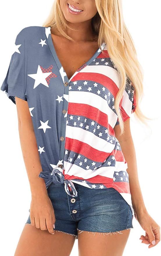 For G and PL July 4th Women's American Flag Button Down T Shirt with Tie Front | Amazon (US)