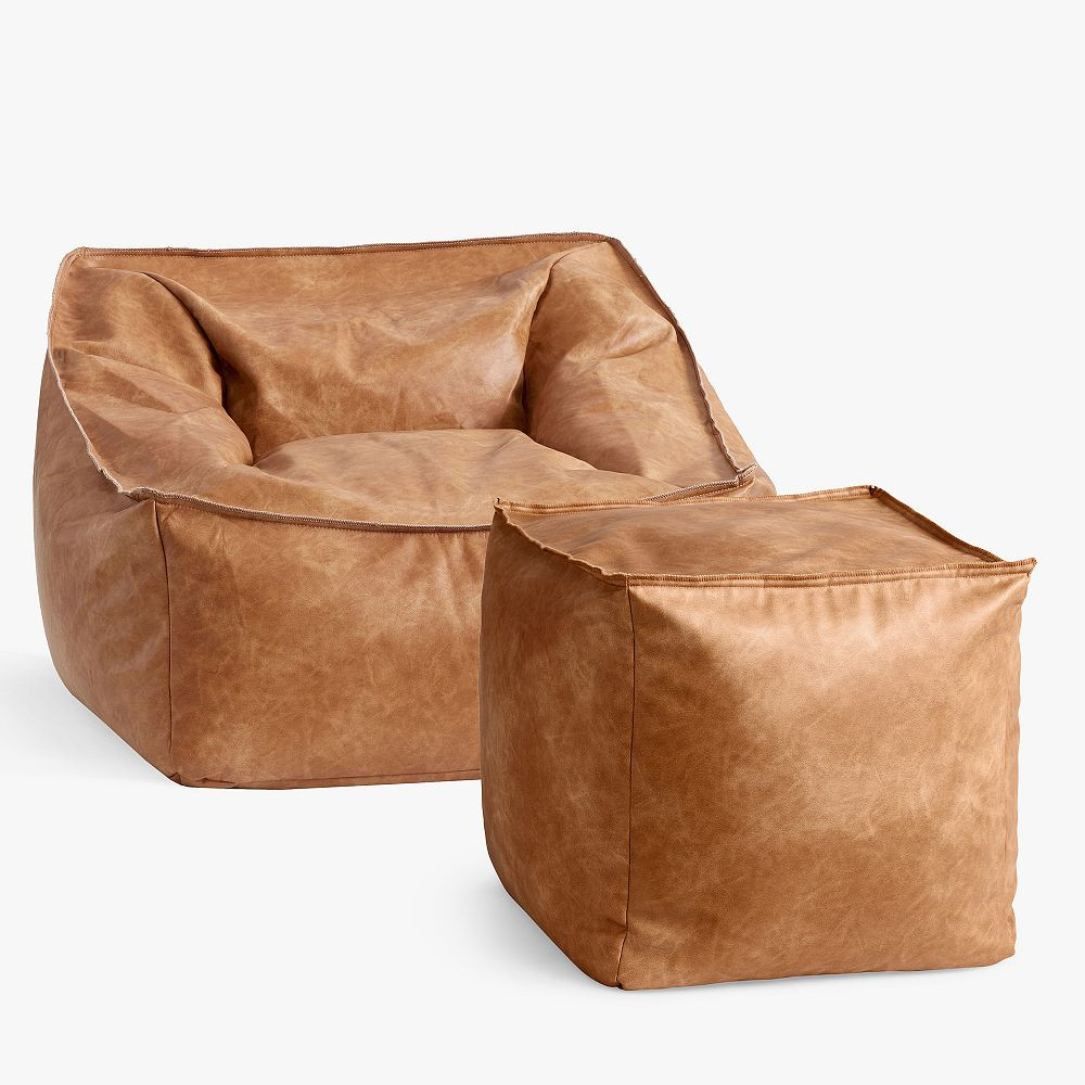 Large Faux Leather Caramel Modern Bean Bag Lounger and Pouf Set | Pottery Barn Teen