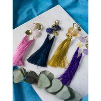 Auxo asymmetric tassel golden earrings, shiny brass silk fringe earrings, tassel boho earrings | Etsy (US)