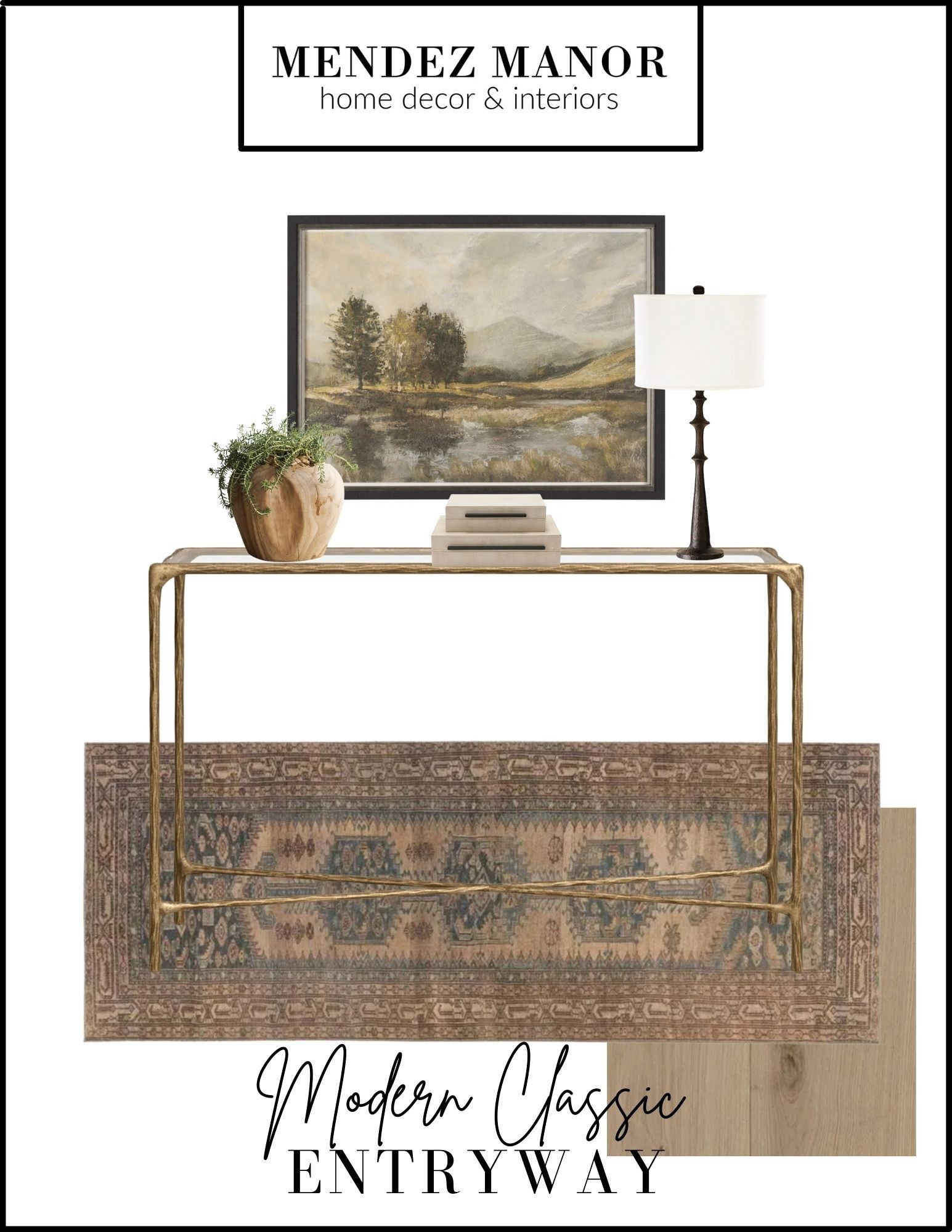 A modern classic home entryway with narrow console table and statement artwork. 

I love this glass top console table with brass frame! Pairs great with a black table lamp! 

Explore our flat-rate design packages at mendezmanor.com if you need help finding the perfect furniture pieces for your home! 

#neutral #home #decor 

#LTKSaleAlert #LTKFindsUnder100 #LTKHome