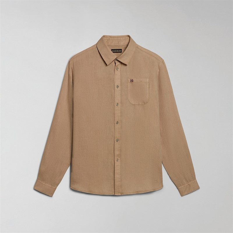 Napapijri Mens Linen Long Sleeve Shirt Beige Cornstalk | M and M Direct (UK)