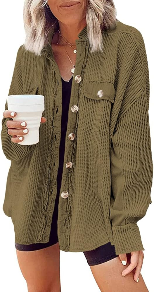 Yanekop Womens Waffle Knit Shacket Boyfriend Shirt Jacket Button Down Blouse Loose Fit Long Sleev... | Amazon (US)