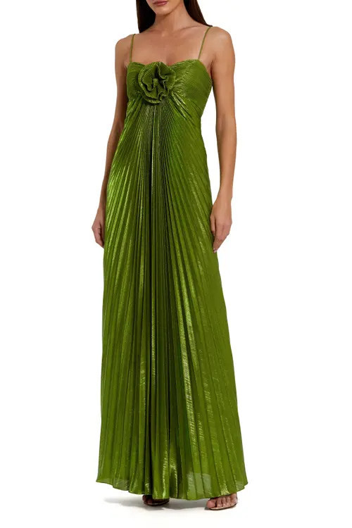 Mac Duggal Thin Strap Pleated Metallic Gown With 3D Flower in Apple Green at Nordstrom, Size 2 | Nordstrom