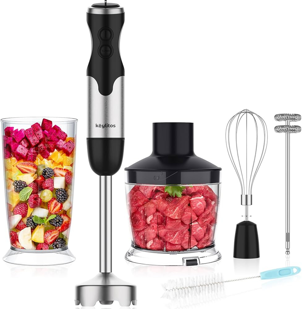 Keylitos 5 in1 Immersion Hand Blender, Powerful 12 Speed Handheld Stick Blender with 304 Stainless Steel Blades, Chopper, Beaker, Whisk and Milk Frother for Smoothie, Baby Food, Sauces Red,Puree, Soup | Amazon (US)