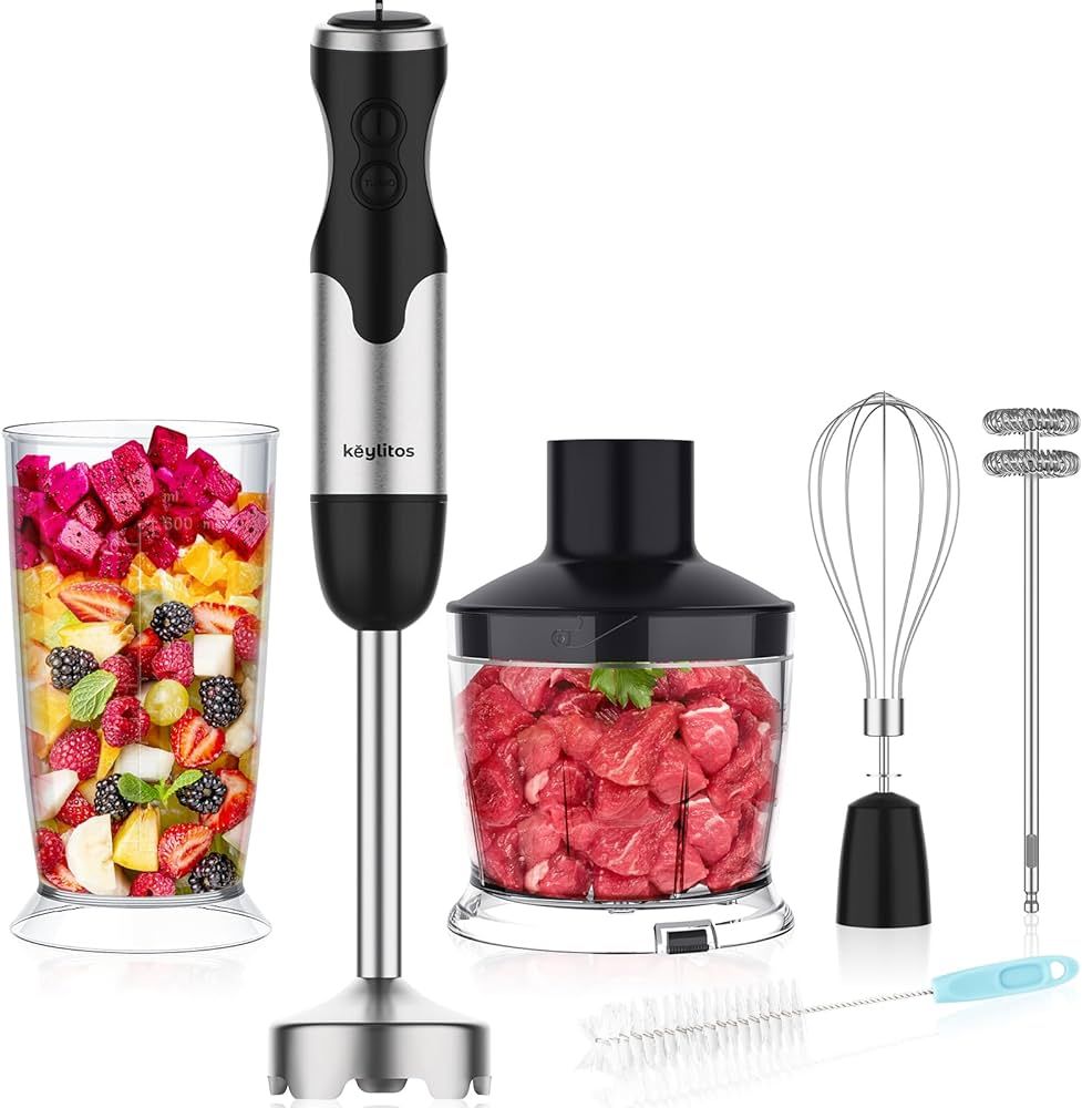 Keylitos 5 in1 Immersion Hand Blender, Powerful 12 Speed Handheld Stick Blender with 304 Stainless Steel Blades, Chopper, Beaker, Whisk and Milk Frother for Smoothie, Baby Food, Sauces Red,Puree, Soup | Amazon (US)