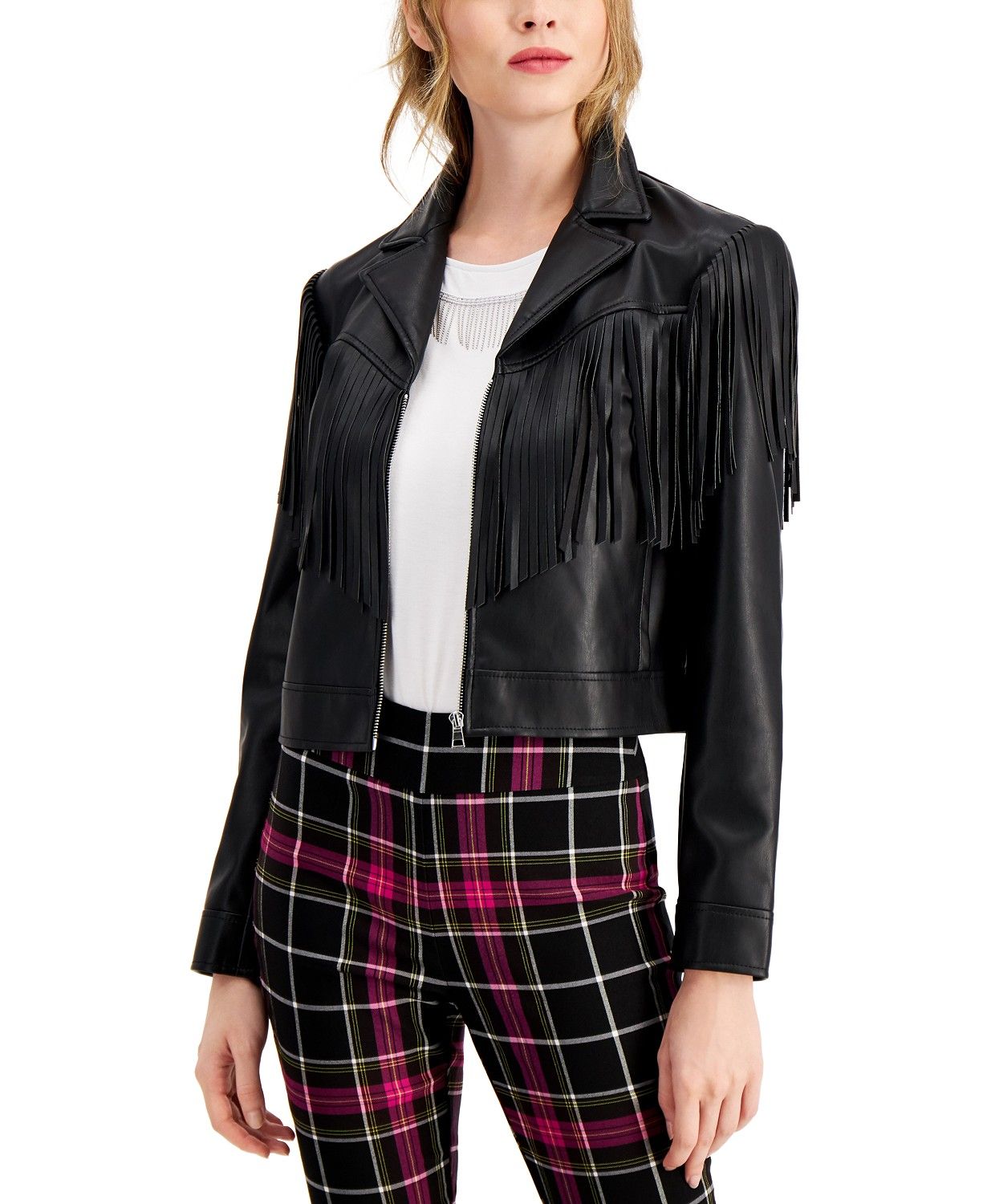 Faux-Leather Notched-Collar Fringe-Trimmed Jacket, Created for Macy's | Macys (US)
