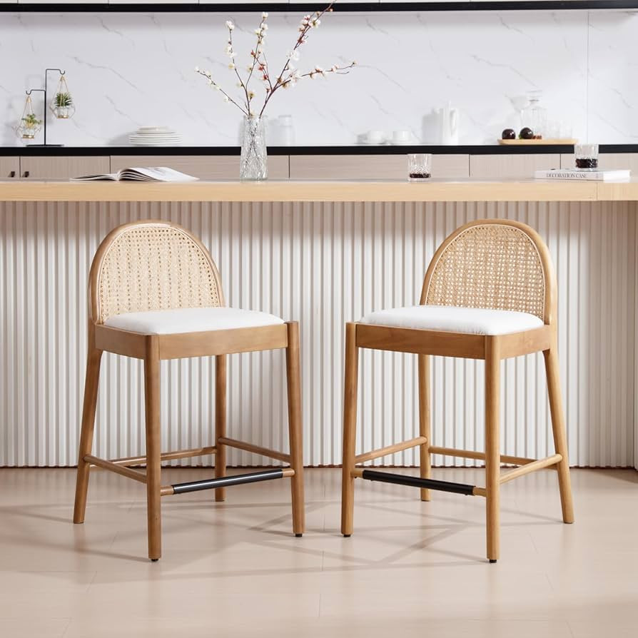 Mid-Century Bar Stools Set of 2, 26 Inch Rattan Back Linen Counter Height Barstools Comfy Upholst... | Amazon (US)