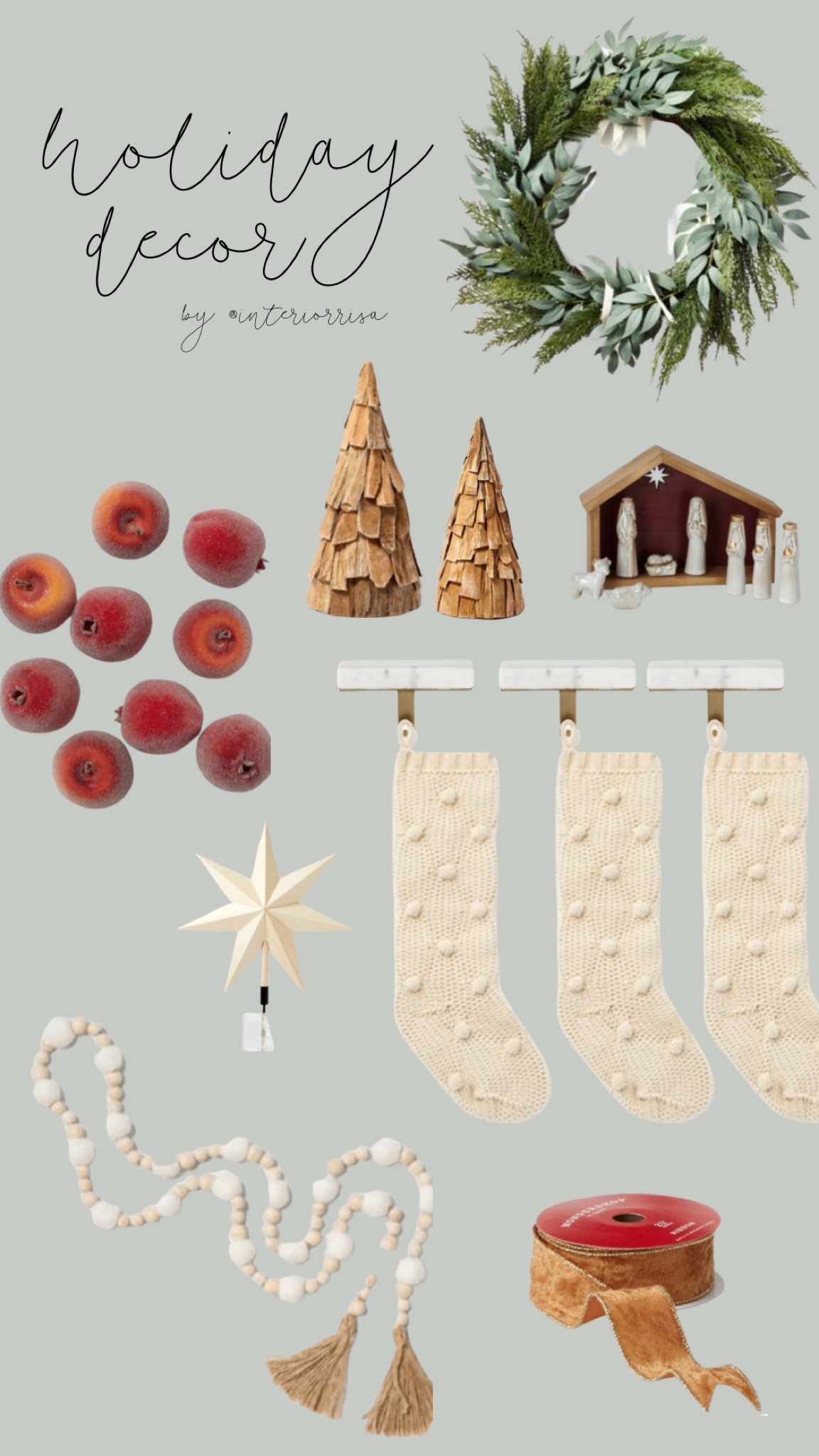 holiday decor 2023 23 christmas season winter greenery green red neutral cream gold texture wreath bow vase filler fruit tree wooden trees nativity set manger three kings 3 kings stockings mantle stocking holders wood bead garland ribbon

#LTKCyberweek #LTKSeasonal #LTKhome
