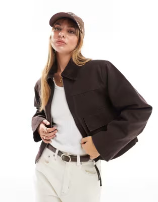 ASOS DESIGN cropped pocket canvas jacket in chocolate | ASOS (Global)