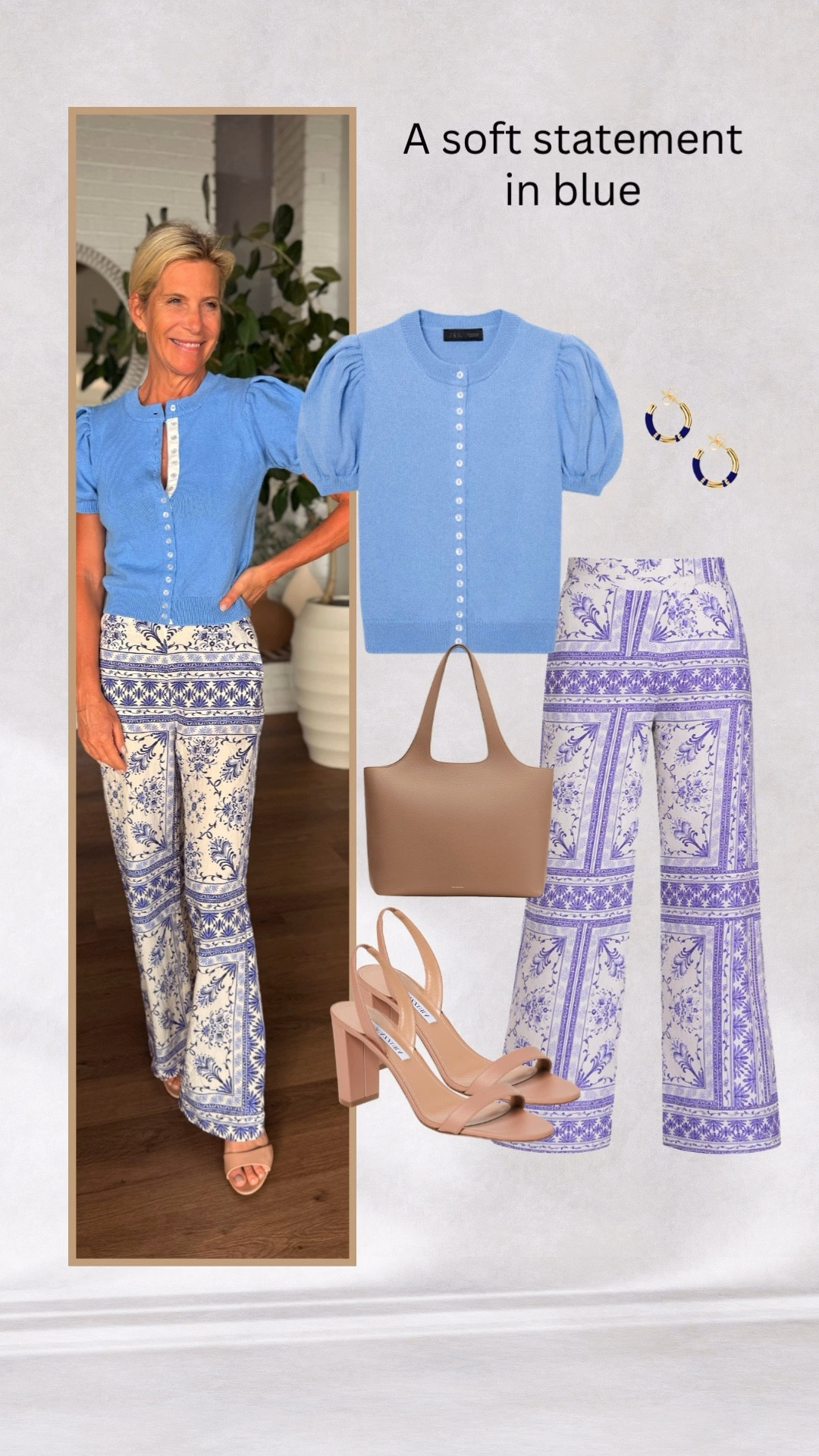 Blue knit top outfit with printed wide leg pants.

#LTKootd #LTKOver40 #LTKTravel