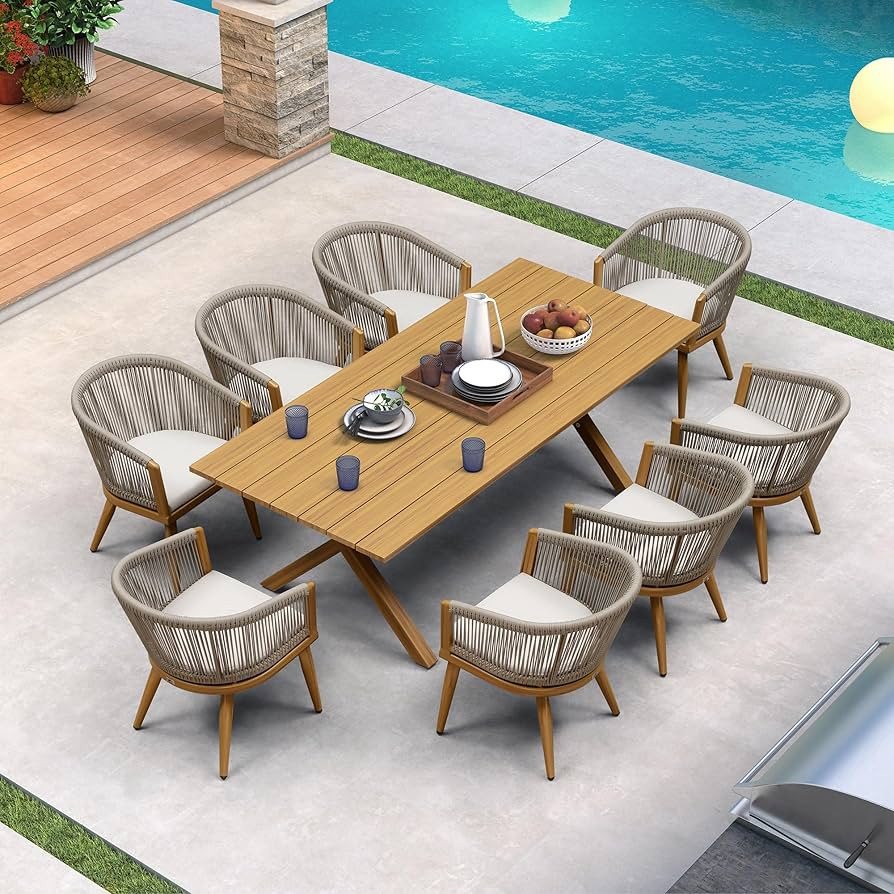 PURPLE LEAF Patio Dining Set for 8 All-Weather Wicker Woodgrain Aluminum 9 Piece Outdoor Table an... | Amazon (US)