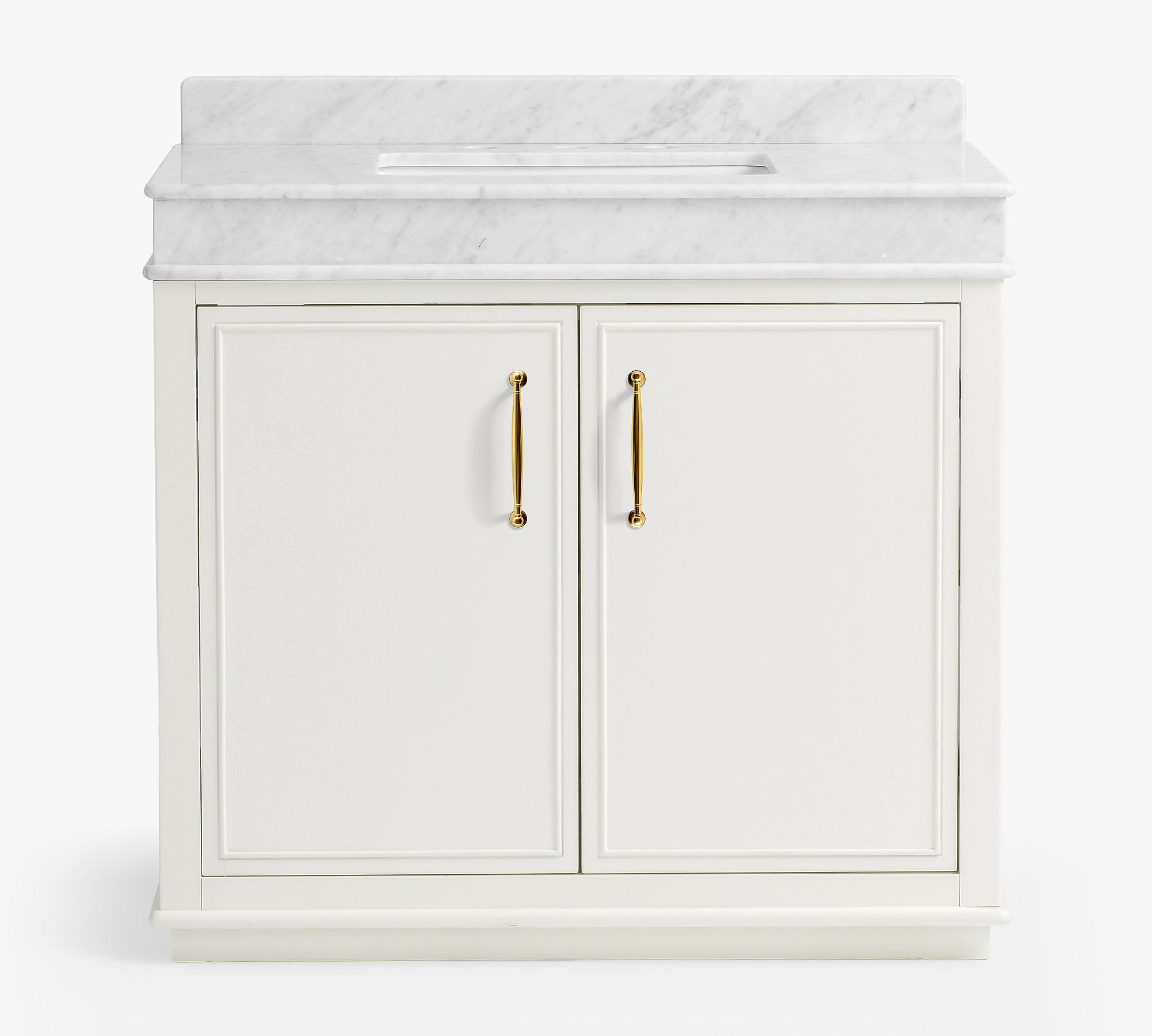 Belmont 36" Single Sink Vanity, Bright White, Scarlett 6" Pulls, Vintage Brass | Pottery Barn (US)