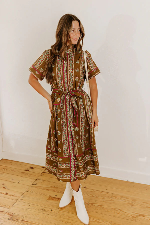 Rosewood Fields Floral Midi Dress in Mocha | Impressions Online Boutique