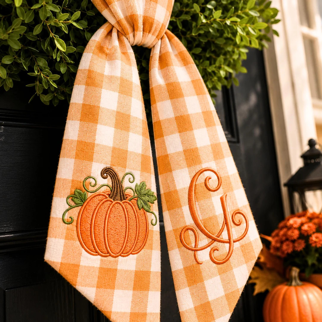 Personalized Pumpkin Wreath Sash - Embroidered Fall Monogram Gingham Door Bow - Thanksgiving Fron... | Etsy (Global)