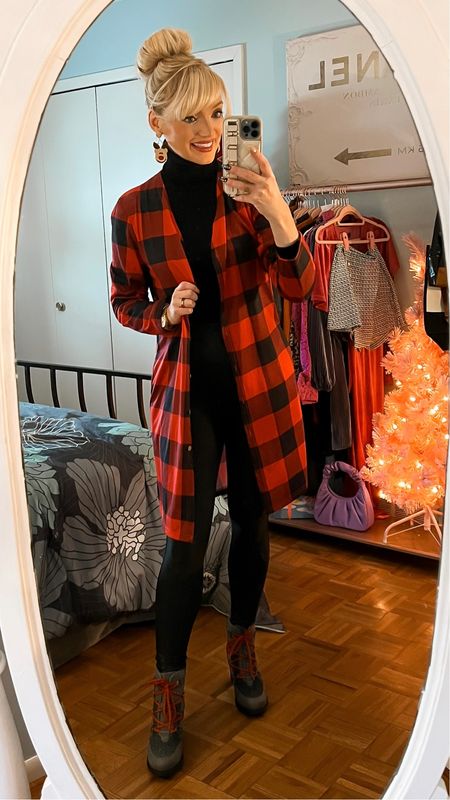 Today’s Christmas outfit - buffalo check long cardigan - buffalo plaid cardigan - faux leather leggings - Rudolph the red nosed reindeer statement earrings - Christmas outfit - winter outfit - holiday fashion - Amazon Fashion - Amazon finds 

#LTKunder50 #LTKHoliday #LTKsalealert