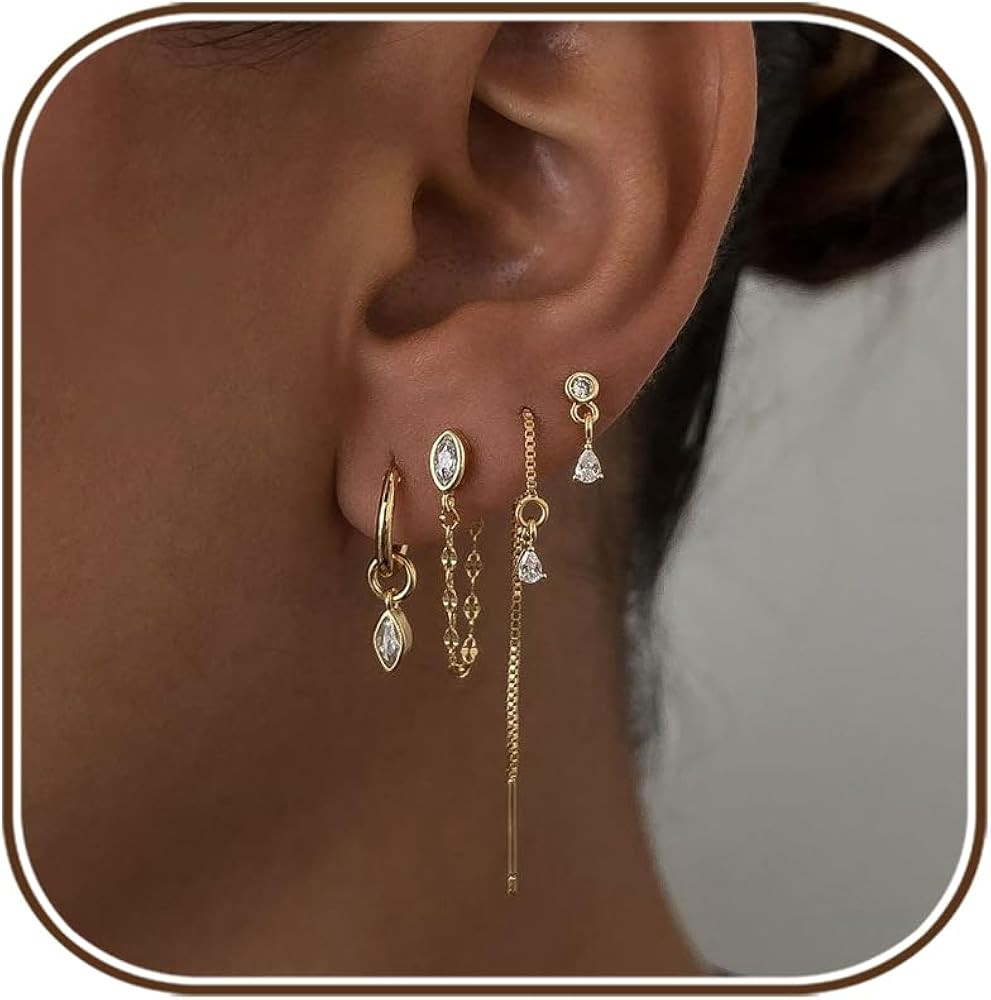Gold Earring Stacks for Women,Dainty Chain Dangle Threader Earrings Set | Amazon (US)
