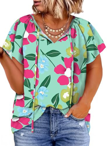 Eytino Women Plus Size Summer V Neck Short Sleeve Boho Floral Print Drawstring Chiffon Blouses Shirts,1X Sky Blue 104 | Amazon (US)