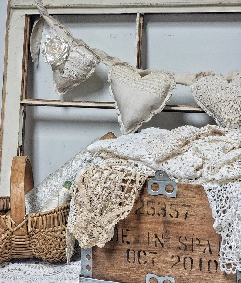 Neutral Heart Garland, Primitive Fabric Heart Garland, Vintage Inspired Bunting, Garland Embellis... | Etsy (US)