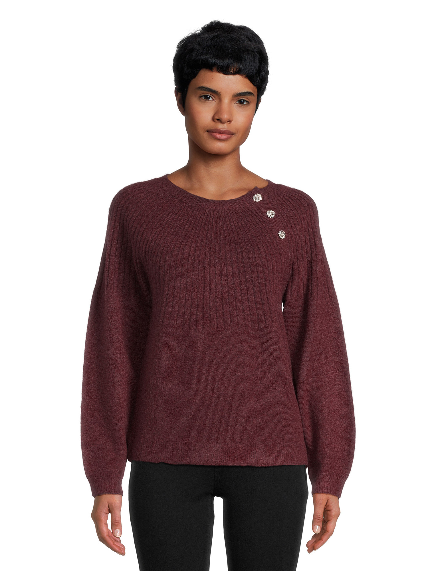 Time and Tru Women's Pullover Sweater with Jewel Like Buttons, Midweight, Sizes S-XXXL | Walmart (US)