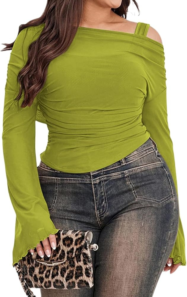 WDIRARA Women's Plus Size 2 in 1 Off Shoulder T Shirt Ruched Sheer Bell Long Sleeve Tee | Amazon (US)