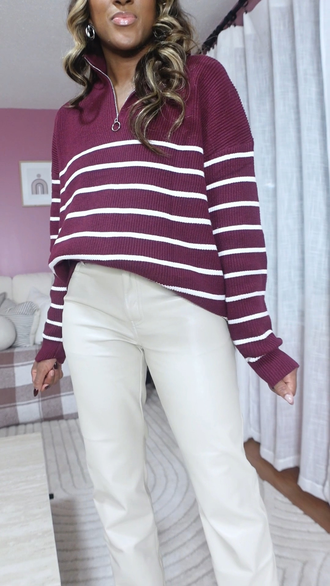 Wine and white striped quarter zip from Amazon 😍 Paired with cream colored faux leather pants from New York and company | OOTD last Friday for a casual dinner date with my daughter 

#LTKStyleTip 

#LTKSeasonal #LTKootd