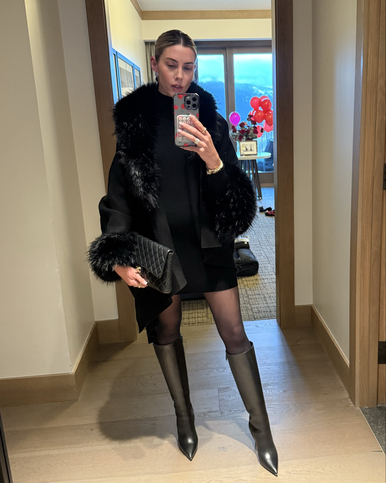 Monochrome moment 🖤
 Black knit dress, faux fur wrap coat, pointed knee boots, and my go-to quilted clutch - chic and polished!

#LTKItBag #LTKShoeCrush #LTKStyleTip