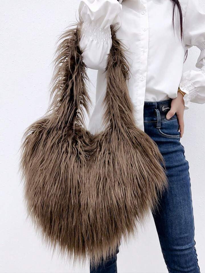 Heart Shaped  Shoulder Bag Fluffy Plush Winter Women Handbags Cute Large Capacity Crossbody Bags ... | SHEIN