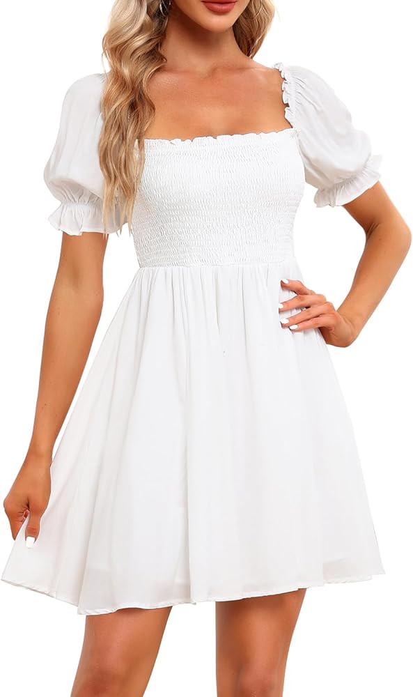 Holipick Women's Casual Square Neck Smocked Dress Shirred Ruffle Puff Sleeve High Waist Cute Flow... | Amazon (US)