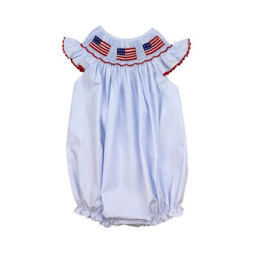 Blue Mini Stripe Smocked Flag Bubble | Cecil and Lou