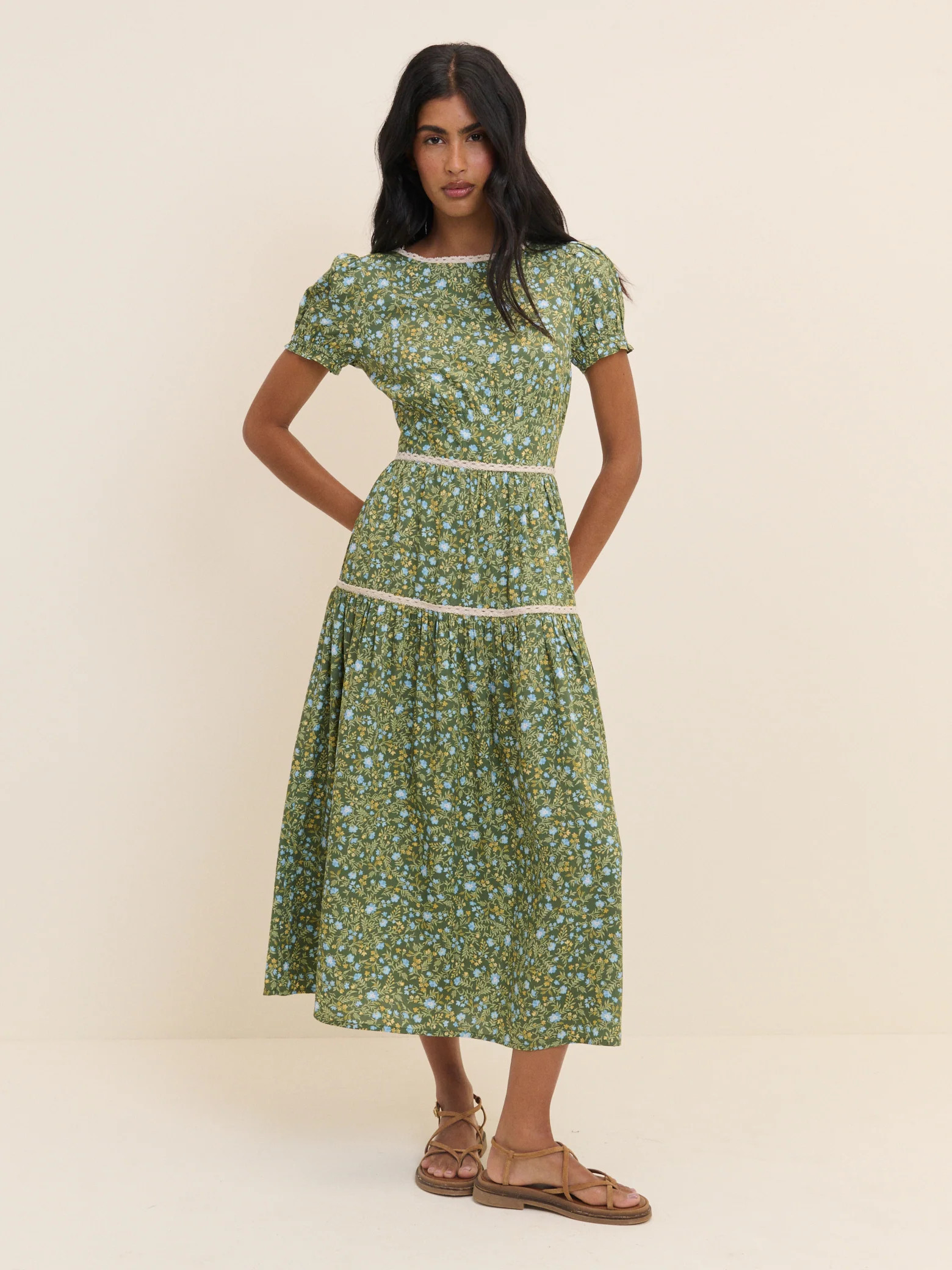 Green Ditsy Floral Tiered Dara Midi Dress | Nobody's Child