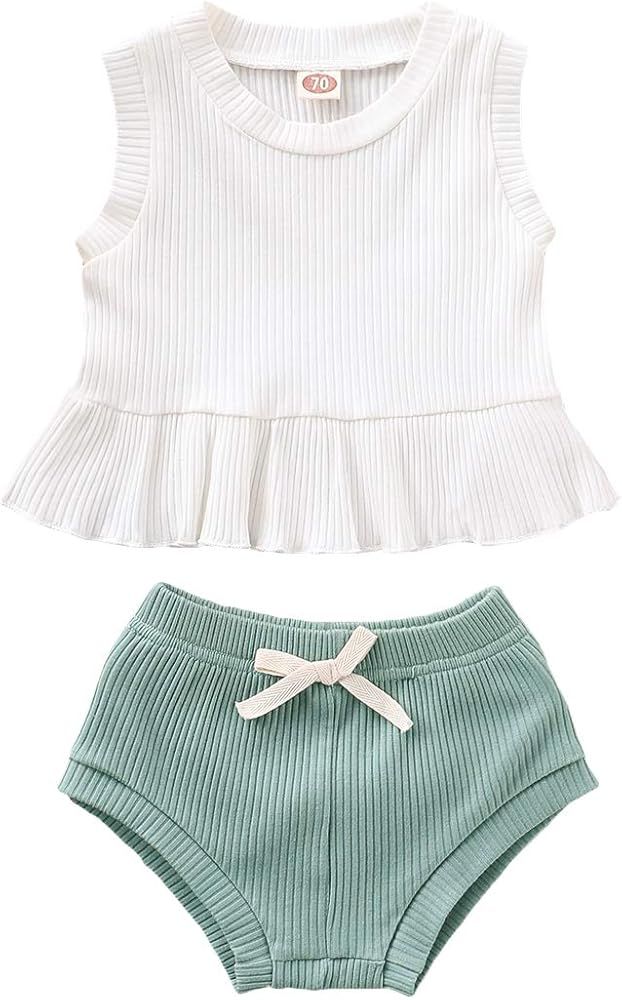 Baby Girls Short Sets Short Sleeve Shirt Tops + Solid Shorts 2PCS Infant Girls Outfits for Summer | Amazon (US)
