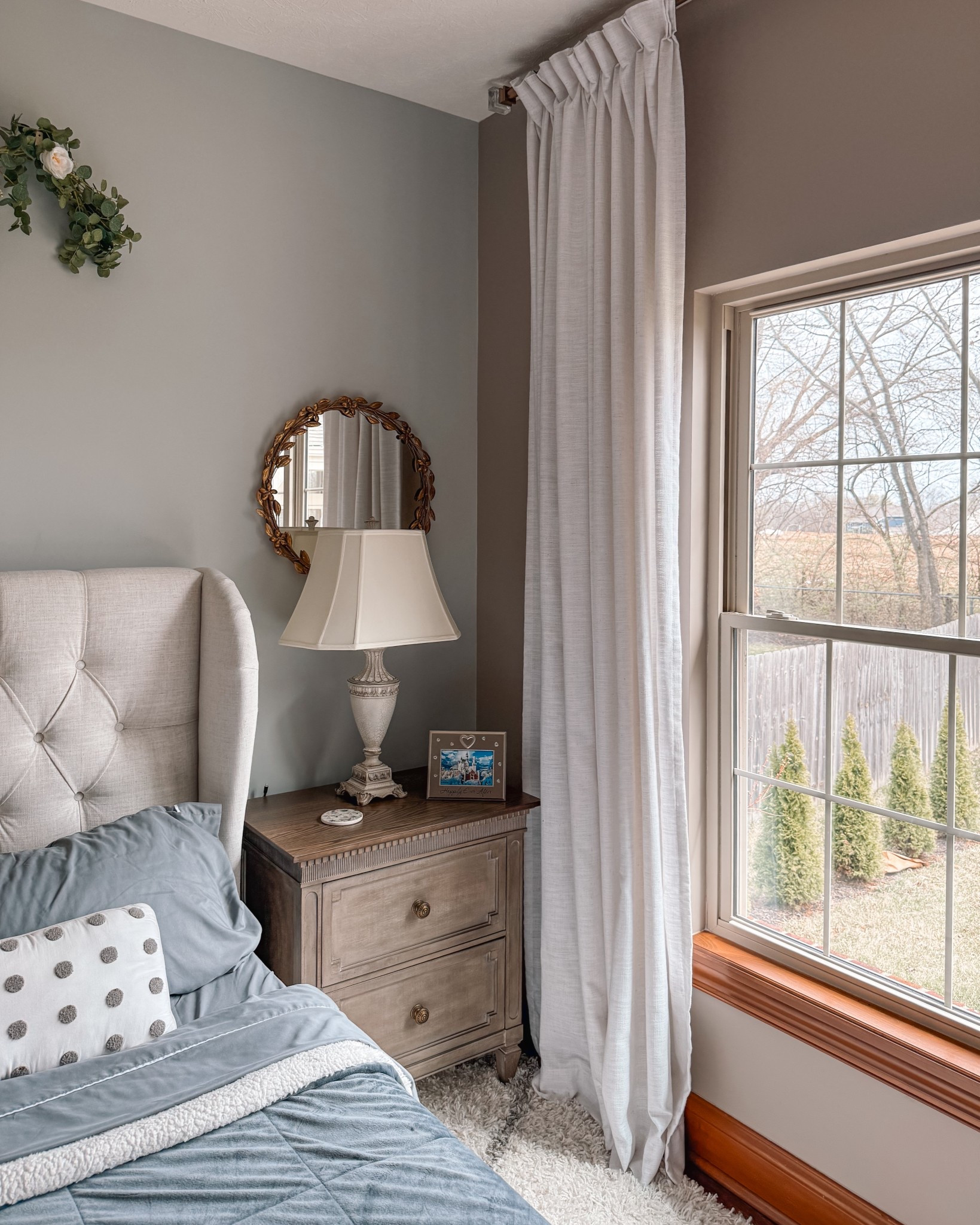 Layered textures and subtle patterns create a warm, inviting feel—transitional with a hint of farmhouse charm, perfect for a guest bedroom or master bedroom. My lamps, bed frame and nightstand are not tagged or available on Amazon but I tagged similar items. #Home #Bedroom #Nightstand #Mirror #Curtains 

#LTKHome