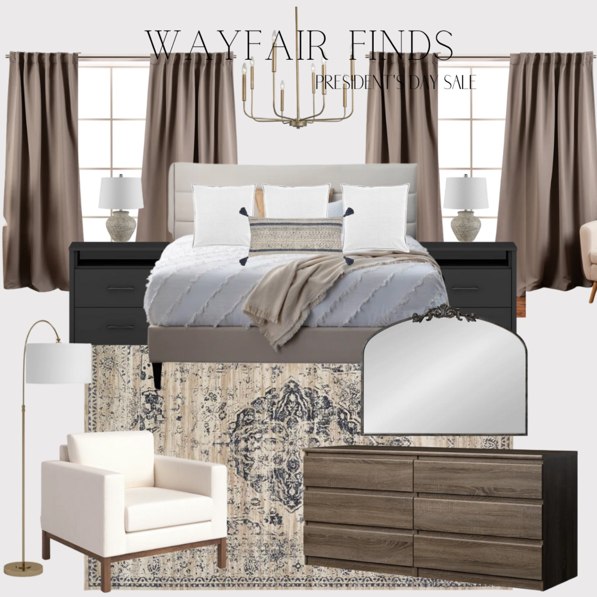 Wayfair furniture sale, bedroom design inspo, upholstered, bed, black, nightstands, wood, dresser, anthropology dupe, mirror, accent chair, floor lamp, curtains 

#LTKunder50 #LTKhome #LTKsalealert