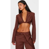 Chocolate Brown Twist Detail Long Sleeve Cropped Blazer, Choc Brown | PrettyLittleThing UK