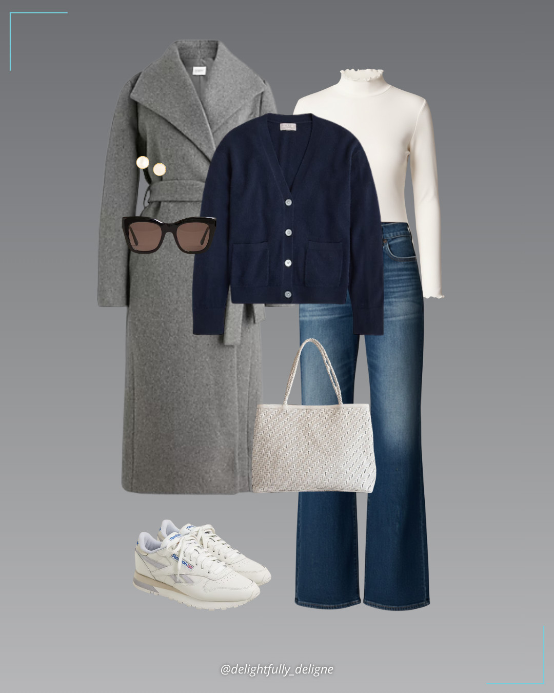 Casual J.Crew 🤍💙 Denim trouser jean with velvet stripe, cashmere patch-pocket cardigan, refined rib lettuce-trim turtleneck, belted wrap coat, Bembien® Gabrielle bag, Reebok® Trophy Room sneakers, Mallorca cat-eye sunglasses & mother-of-pearl stud earrings. 

 #LTKgrwm #LTKootd #LTKOver40