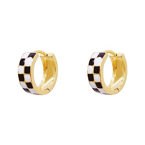 Chic Checker Small Hoop Cartilage Earrings for Women Dainty 925 Sterling Silver Post Tiny Round Circle Huggie Hoops White Black Enamel Hypoallergenic Hooped Gifts Her Birthday Bff | Amazon (US)