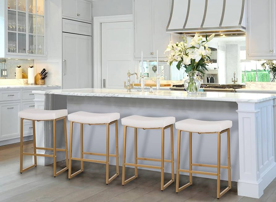 MAISON ARTS White & Gold Bar Stools Set of 4 Counter Height 24 Inches Saddle Stools for Kitchen C... | Amazon (US)
