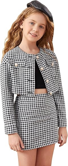 Milumia Girl's Two Piece Outfits Houndstooth Print Crop Blazer Jacket and Skirt Sets | Amazon (US)