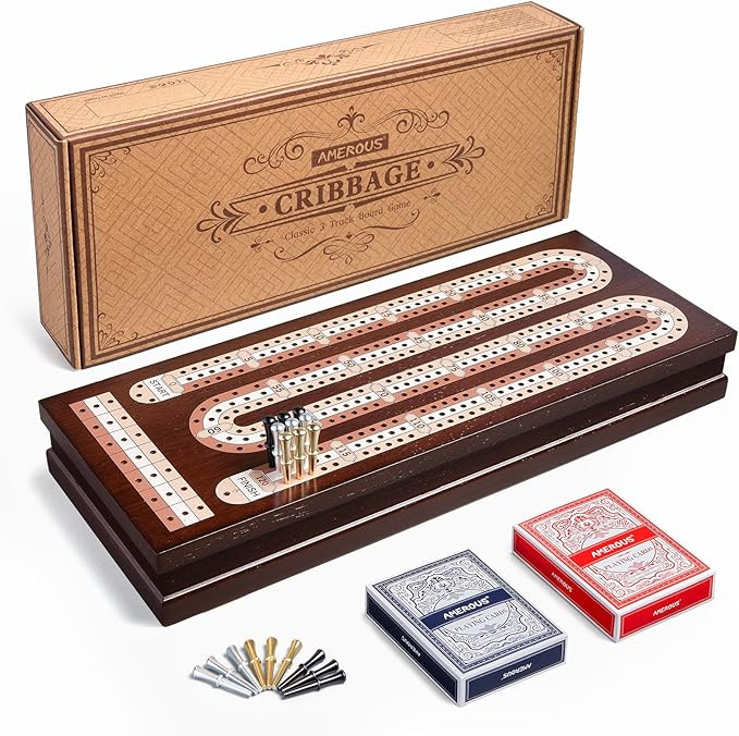 AMEROUS Wooden Cribbage Board Game Set with Magnetic Lock / 9 Metal Pegs / 2 Decks of Playing Car... | Amazon (US)