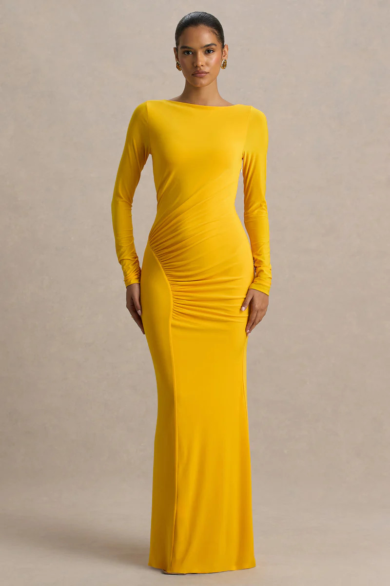 Diva  Yellow Slashed-Neck Maxi Dress With Ruched Detailing | Club L London