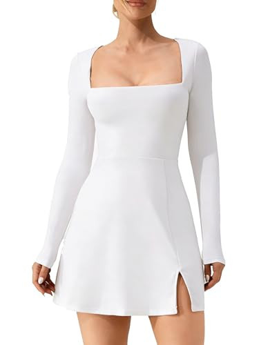 Women's Long Sleeve Square Neck Split Hem Bodycon Mini Party Club Cocktai Dress White | Amazon (US)