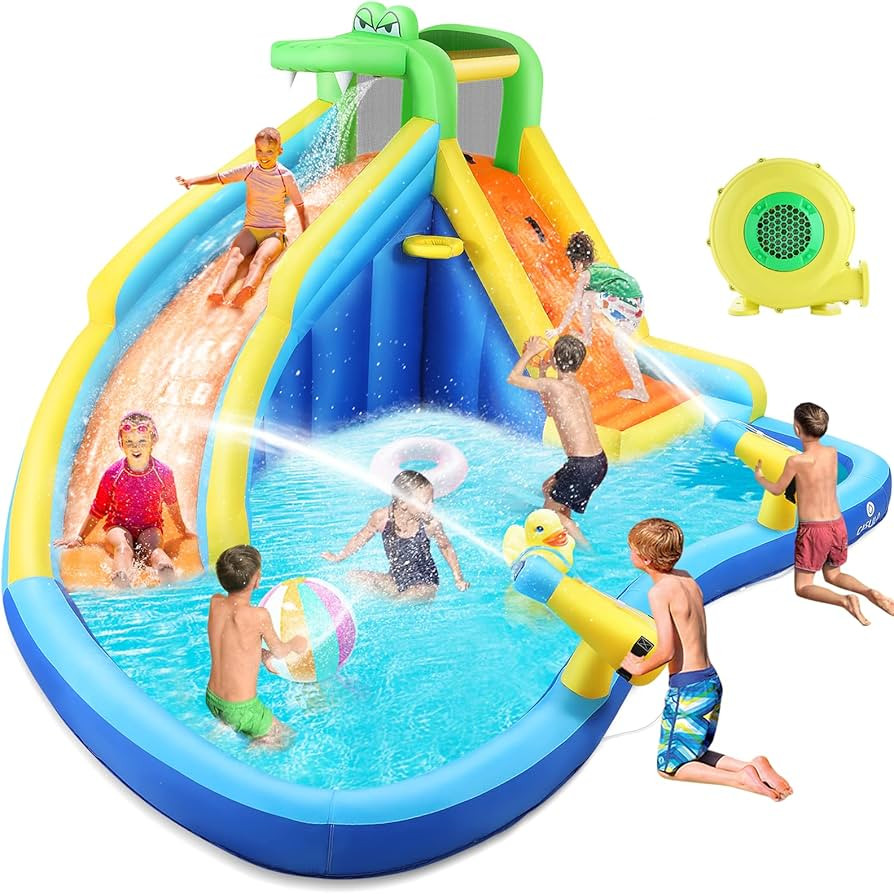 Inflatable Bounce House Crocodile Kids Aqua Water Slide, 7 in 1 Lagoon Splash Pool,Climbing Wall,... | Amazon (US)