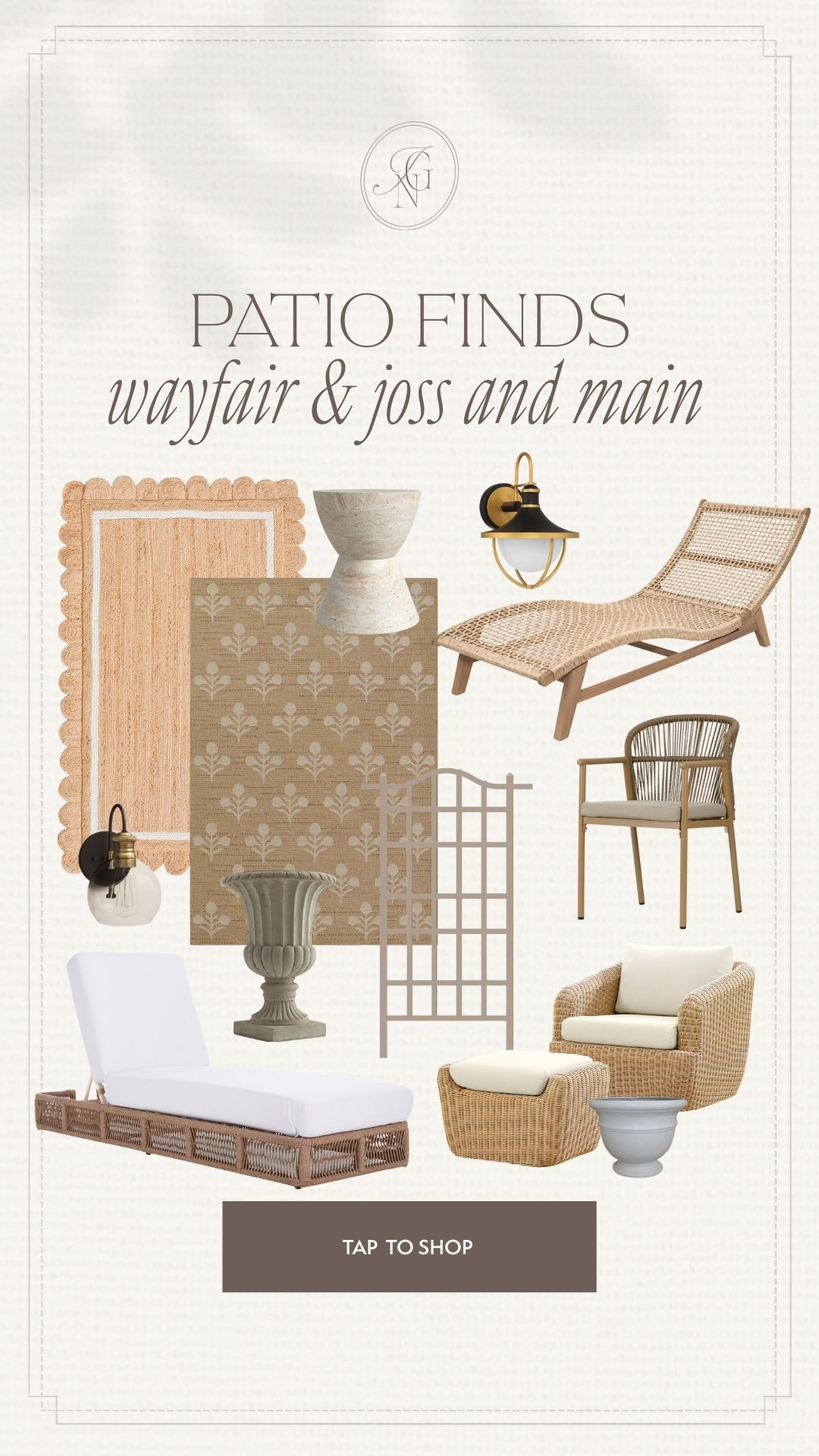 Patio finds from Wayfair and Joss & Main featuring woven loungers, scalloped outdoor rugs, trellis accents, lantern lighting, and neutral outdoor furniture for an elevated patio setup. 🌿

#wayfairfinds #jossandmain #patiofinds #outdoorliving #patiodecor #neutralhome #outdoorinspo #patioinspiration #springrefresh #homedecor #outdoorspace 

 #LTKSeasonal #LTKHome
